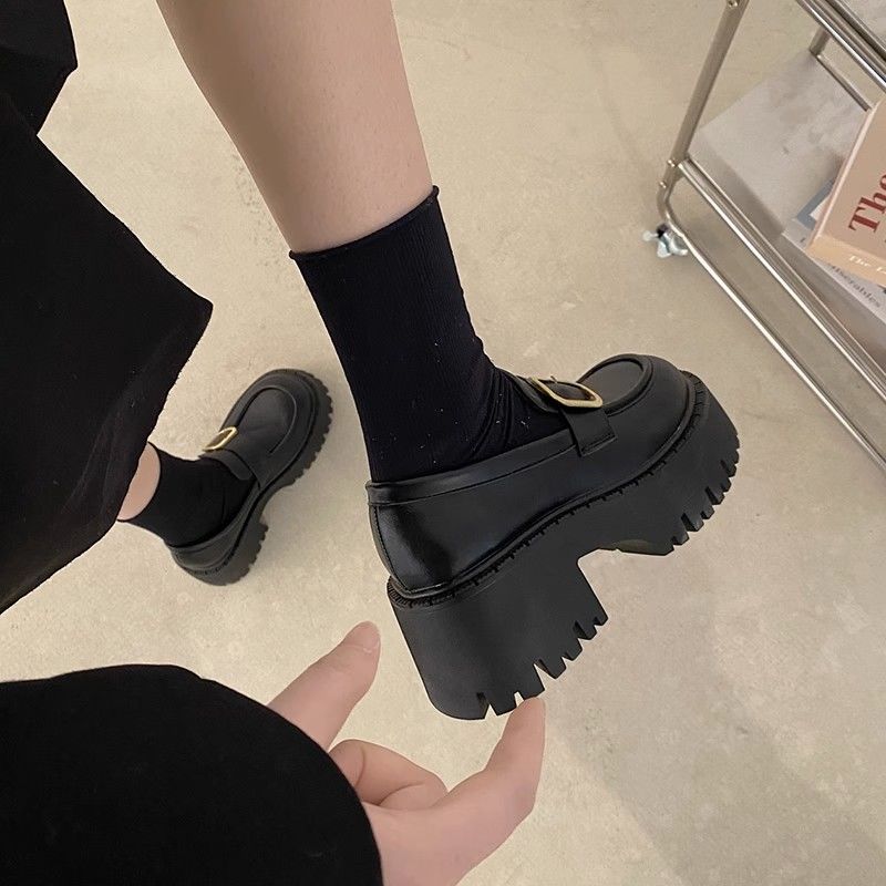 黑色樂福小皮鞋女2023年春季新款復古英倫風百搭高跟厚底增高單鞋