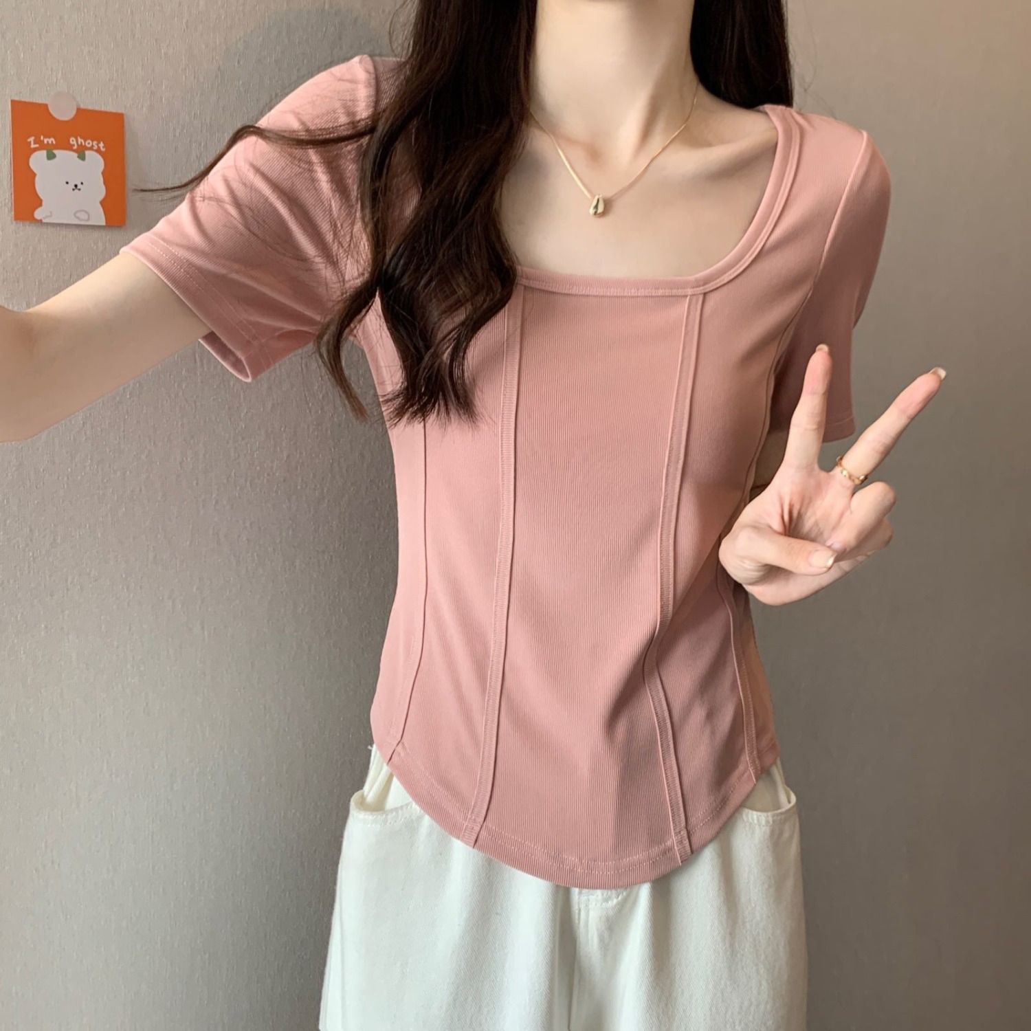 Pure desire wind pink fish bone short-sleeved waist cover meat slightly fat mm large size summer square collar t-shirt women's front shoulder top