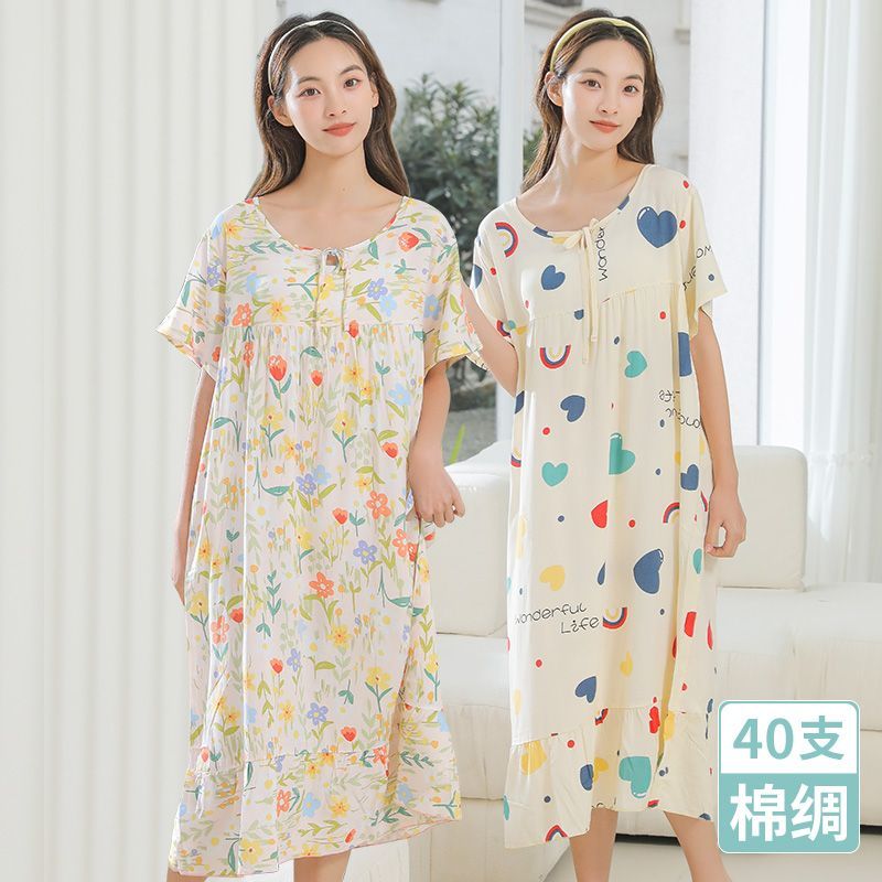 Cotton silk nightdress women's summer thin section large size artificial cotton can be worn outside cartoon pajamas student girl short-sleeved dress