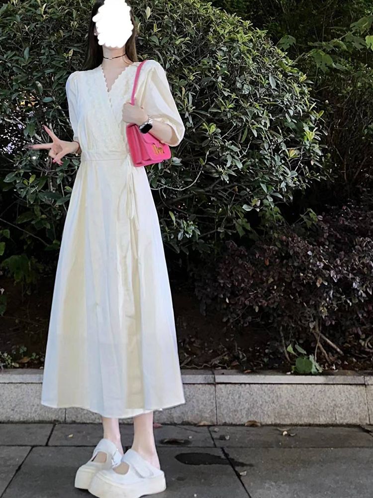 韓版優雅高級感氣質收腰綁帶連衣裙女學生夏季新款減齡初戀小白裙