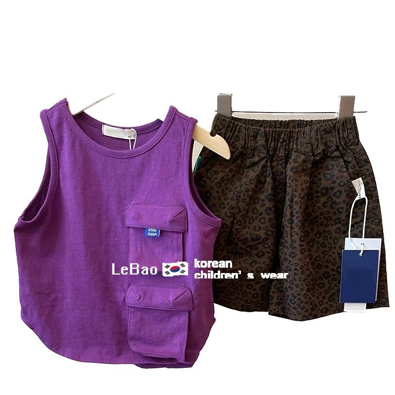 韩国洋气男童夏装套装儿童帅时髦豹纹短裤宝宝百搭紫色背心两件套