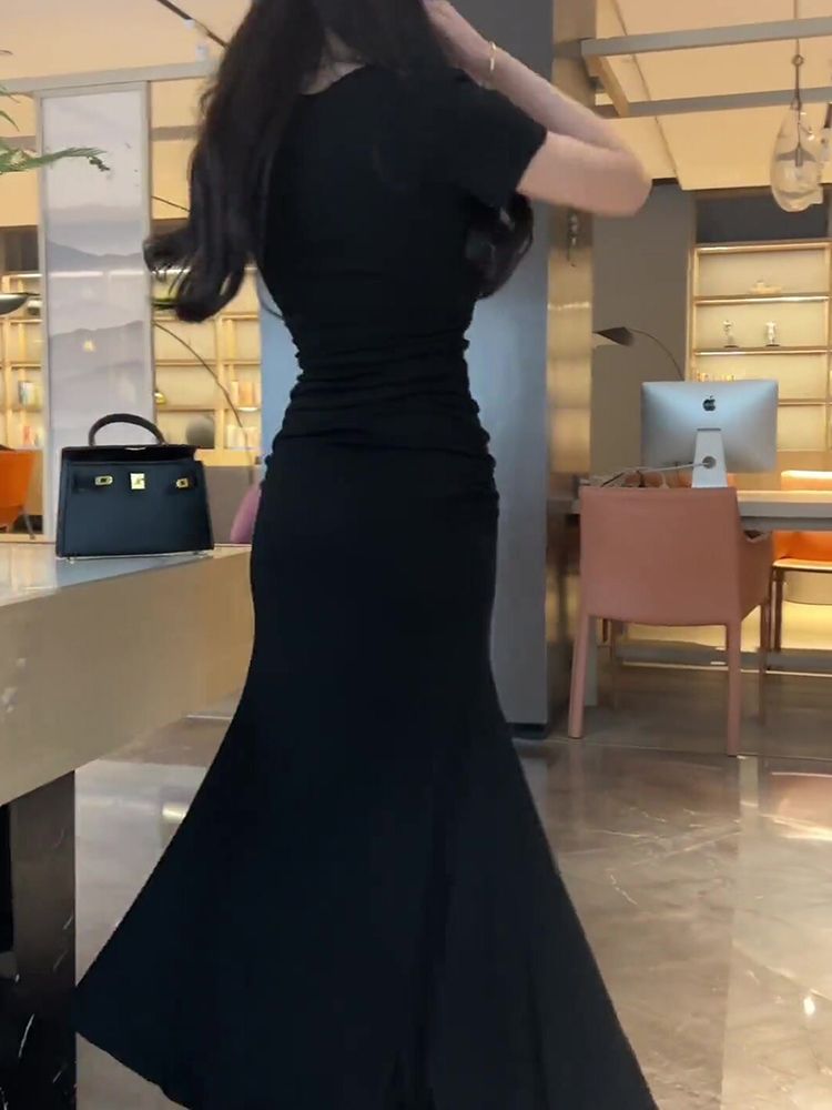 Xiaozi Temperament Black Hollow Fishtail Skirt  New Careful Machine Sexy Slim Thin Package Hip Dress