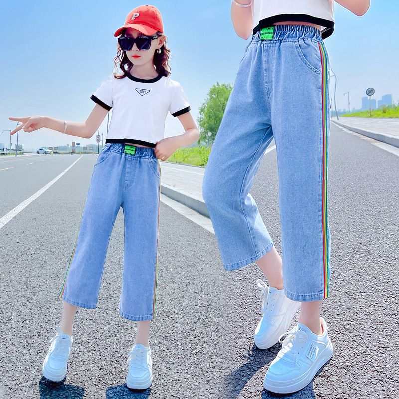 女童牛仔褲七分褲兒童褲子闊腿褲夏薄款2023新款洋氣中褲夏季休閒