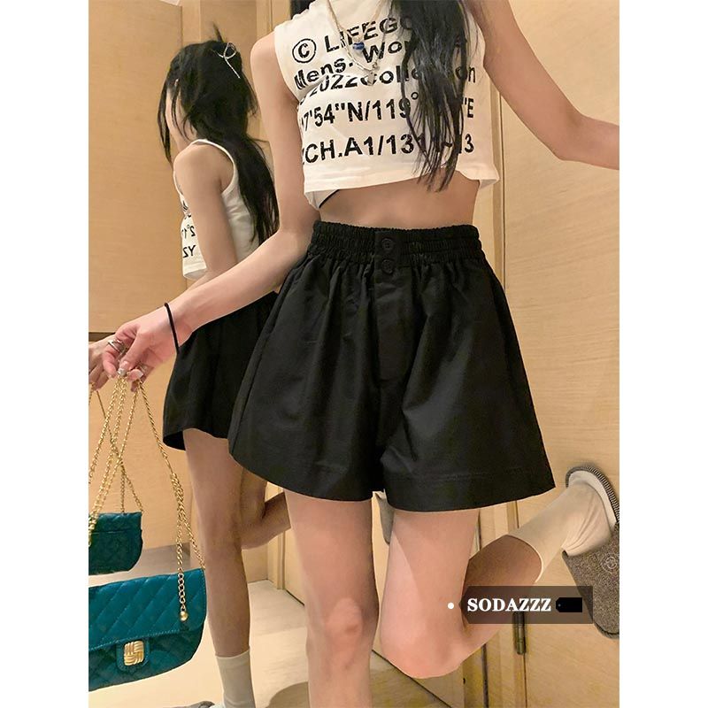 SODAZZZ黑色休閒褲鬆緊腰短褲女高腰裝夏季寬鬆小眾顯瘦闊腿褲子