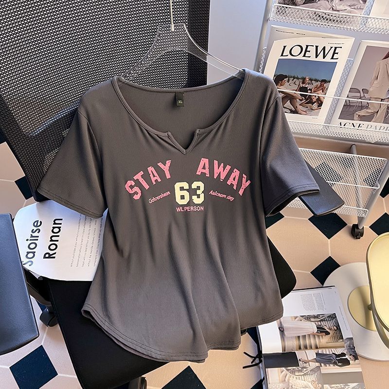 Large size fat MM summer fashion design large neckline t-shirt slimming cover belly ladies cover meat V-neck short-sleeved top