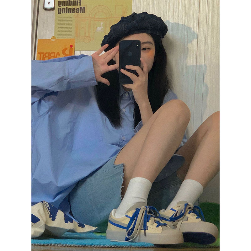 藍色防曬襯衫女夏季2023新款法式設計感小眾襯衣薄款開衫外套上衣