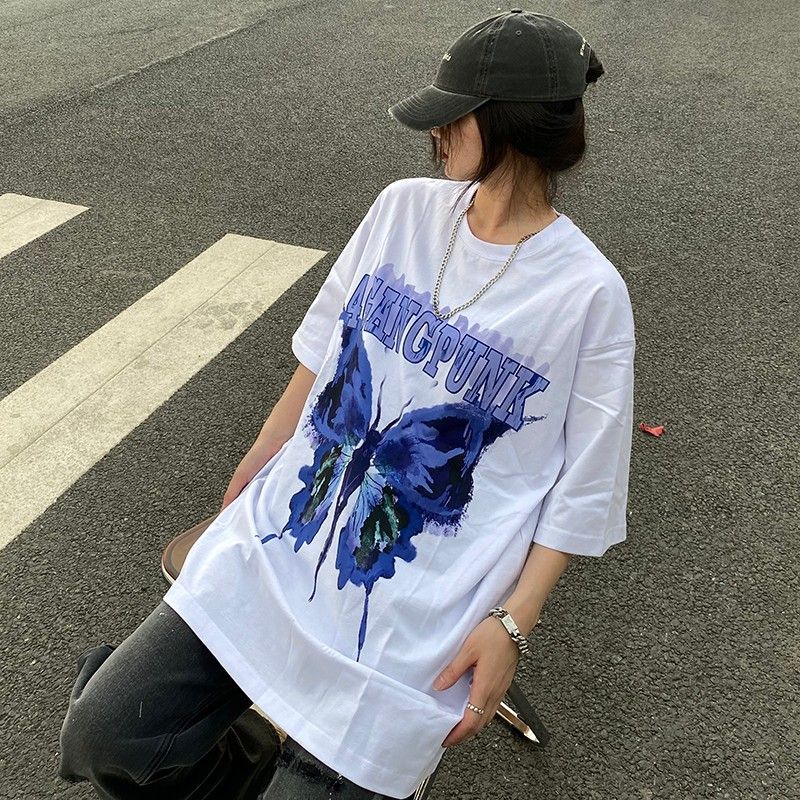 重磅純棉美式復古蝴蝶印花短袖t恤女夏季新款寬鬆韓版情侶上衣ins