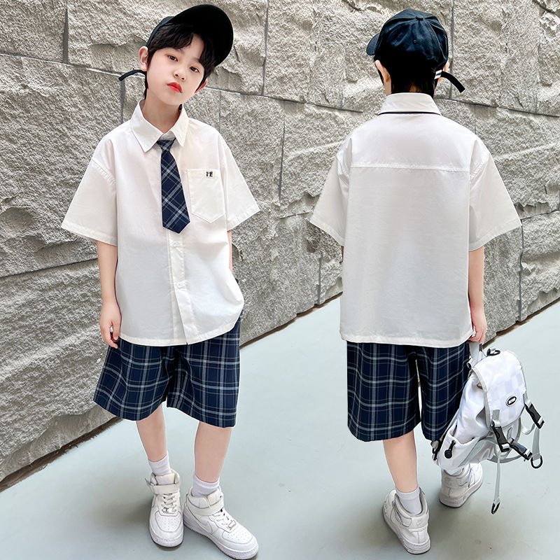 男童夏季套裝兒童夏裝襯衫2023新款中大童帥氣英倫風男孩短袖校服
