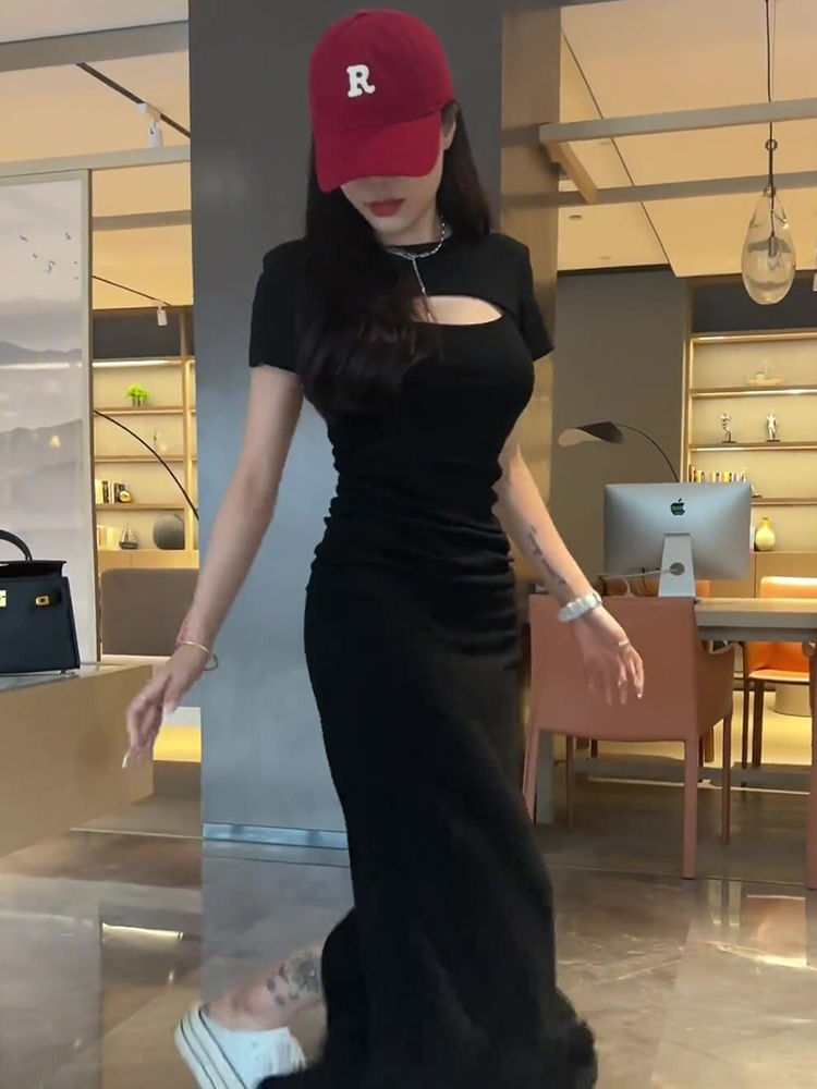 Xiaozi Temperament Black Hollow Fishtail Skirt  New Careful Machine Sexy Slim Thin Package Hip Dress