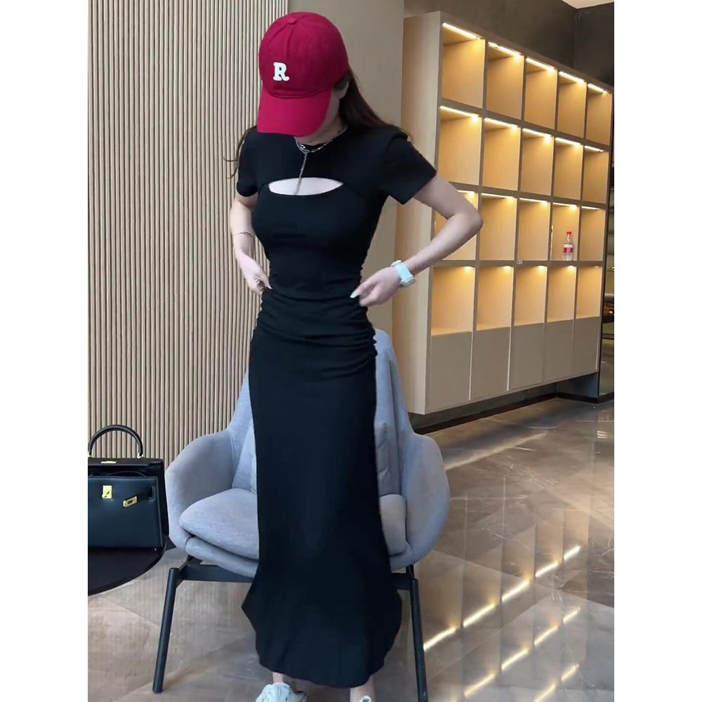 Xiaozi Temperament Black Hollow Fishtail Skirt  New Careful Machine Sexy Slim Thin Package Hip Dress