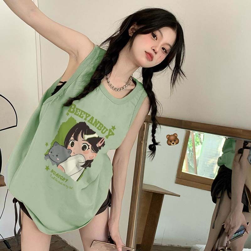 綠色坎肩無袖T恤女夏季法式甜辣別致小背心音樂節多巴胺穿搭上衣