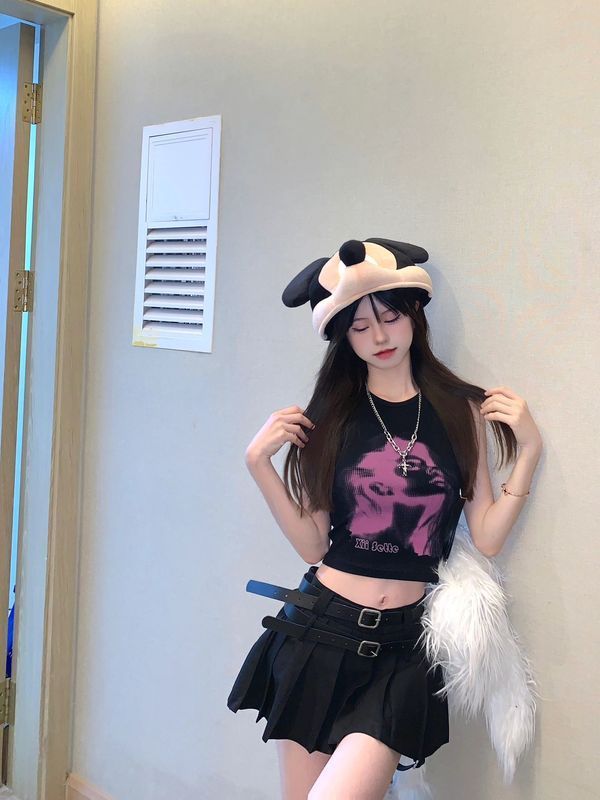 美式甜辣妹黑色砍袖背心吊帶女夏季多巴胺穿搭寬鬆無袖上衣坎肩潮