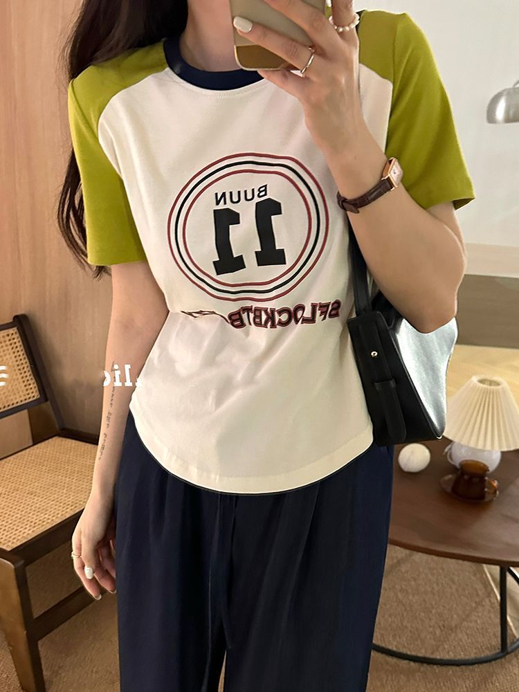 Curved women's t-shirt short-sleeved summer new trend hit color slightly fat mm loose covering meat fashion slimming top