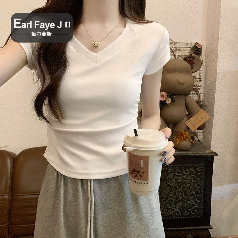 [Positive shoulder pure cotton] American v-neck short-sleeved t-shirt women's summer design tight-fitting short hot girl bottoming shirt top