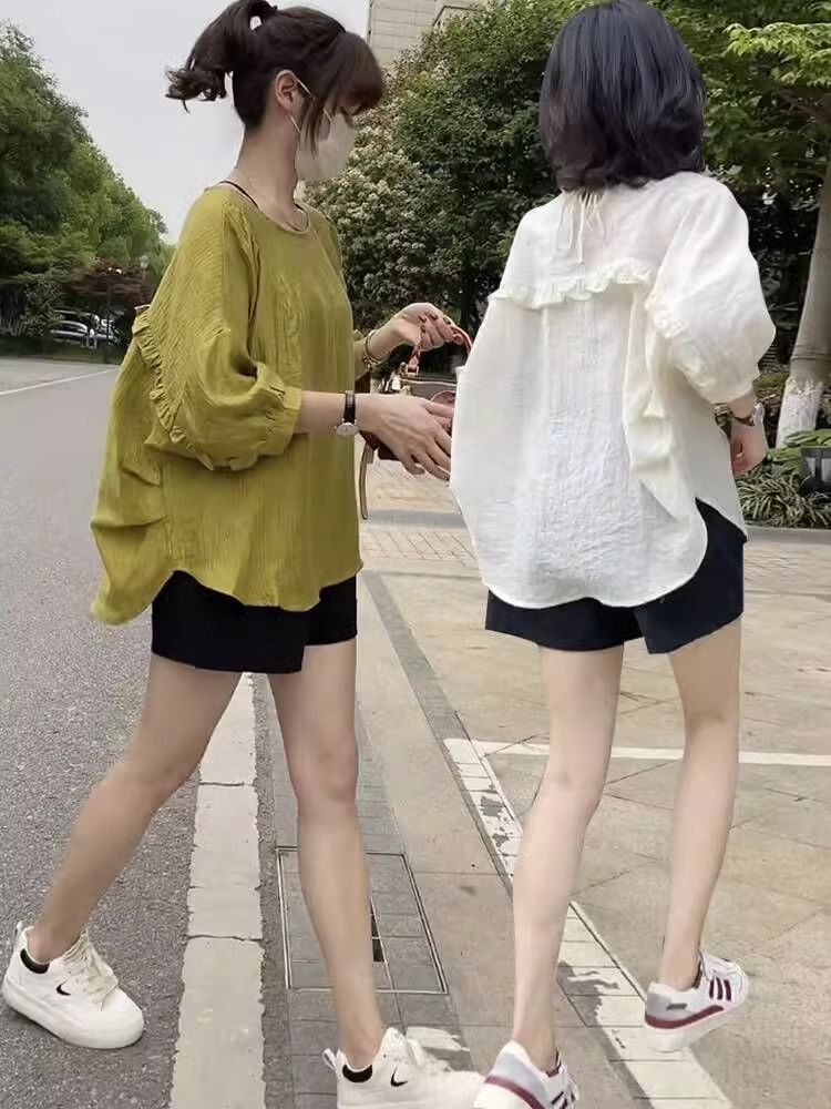 小眾設計感圓領襯衫女2023夏新款薄款慵懶風寬鬆休閒中袖娃娃衫