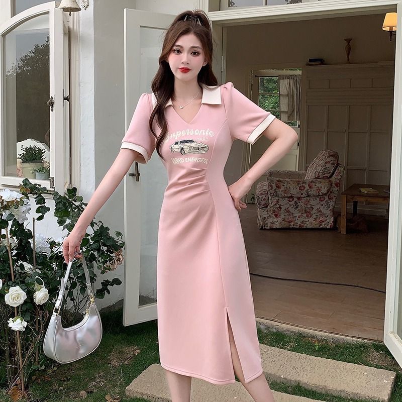 Polo collar super fairy slit fat man a-line skirt slightly fat mm design sense niche big size summer new dress