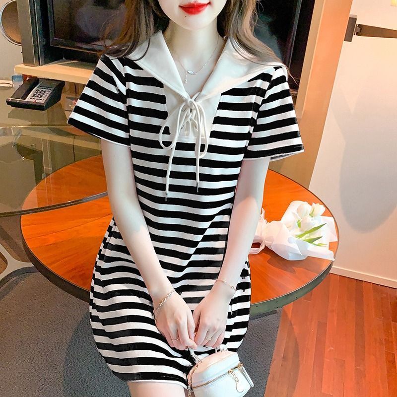 Large size fat mm design sense niche striped short-sleeved dress women's summer waist slimming a-line small skirt