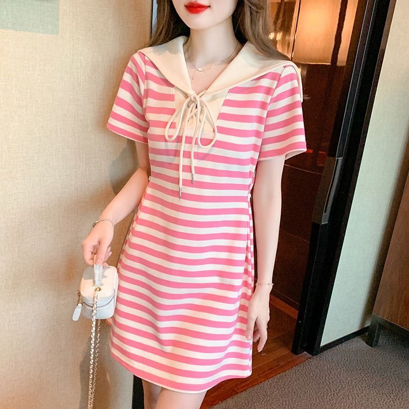 Large size fat mm design sense niche striped short-sleeved dress women's summer waist slimming a-line small skirt