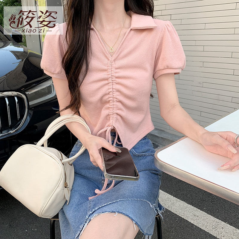 筱姿純欲風甜辣妹V領抽繩T恤夏季韓版2023新款設計感修身顯瘦上衣