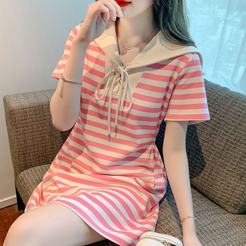 Large size fat mm design sense niche striped short-sleeved dress women's summer waist slimming a-line small skirt