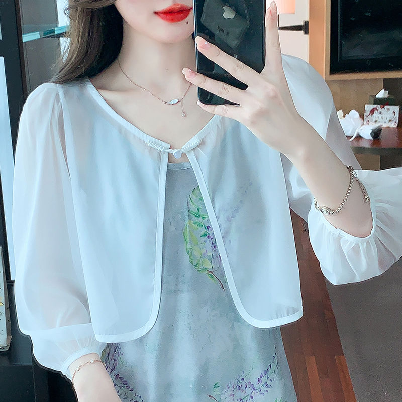 爆款防曬衣女款夏季2023新款吊帶連衣裙外搭罩衫短款雪紡開衫上衣