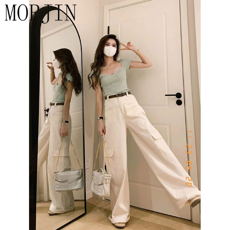 MORJIN green square collar front shoulder knitted t-shirt women's short-sleeved summer Korean version of the niche chic slim slimming top