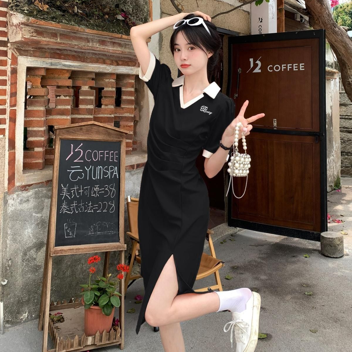 Large size polo collar pleated short-sleeved dress summer women's clothing small crowd fat mm cover belly splicing mid-length skirt