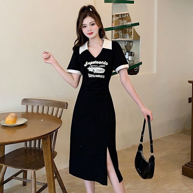 Polo collar super fairy slit fat man a-line skirt slightly fat mm design sense niche big size summer new dress