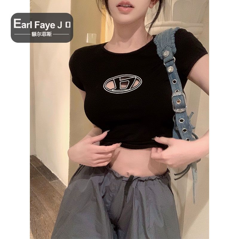 [Positive shoulder pure cotton] functional wind short-sleeved t-shirt female design sense summer pure desire sweet hot girl hollow short top