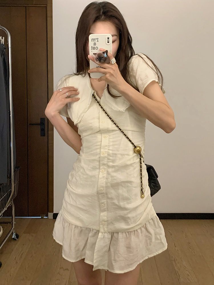 大碼女裝純欲辣妹連衣裙女夏褶皺娃娃領短裙氣質顯瘦減齡小黑裙子