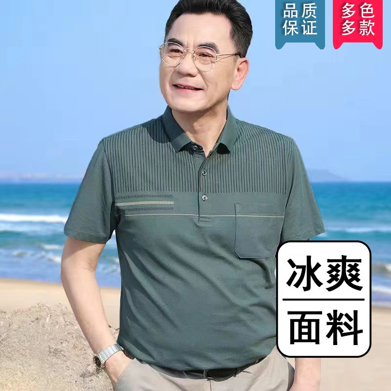 中年男士夏季条纹纯棉短袖T恤中老年爸爸夏装POLO衫2023新款上衣