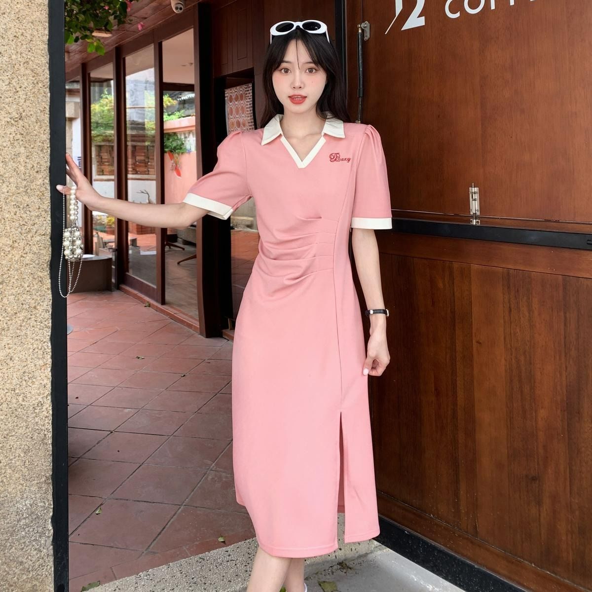 Large size polo collar pleated short-sleeved dress summer women's clothing small crowd fat mm cover belly splicing mid-length skirt