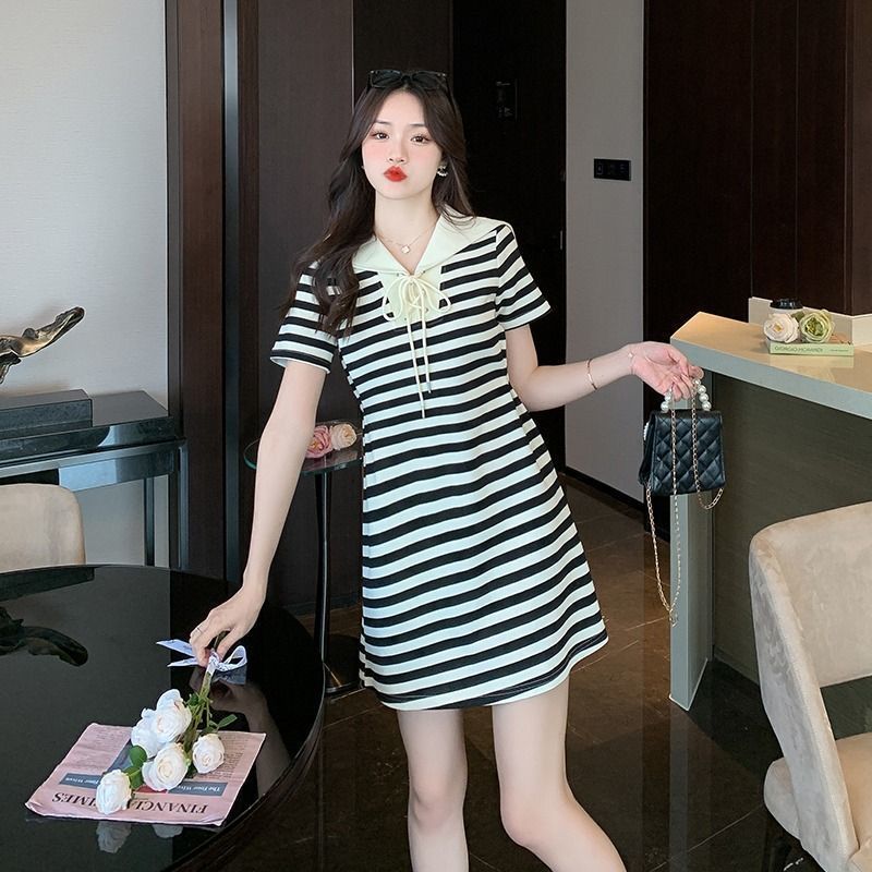 Slightly fat mm splicing design sense ins navy collar striped short-sleeved dress women's summer large size mid-length a-line skirt