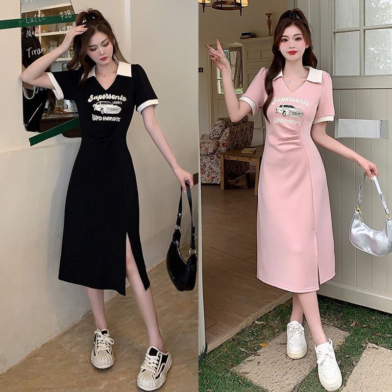 Polo collar super fairy slit fat man a-line skirt slightly fat mm design sense niche big size summer new dress