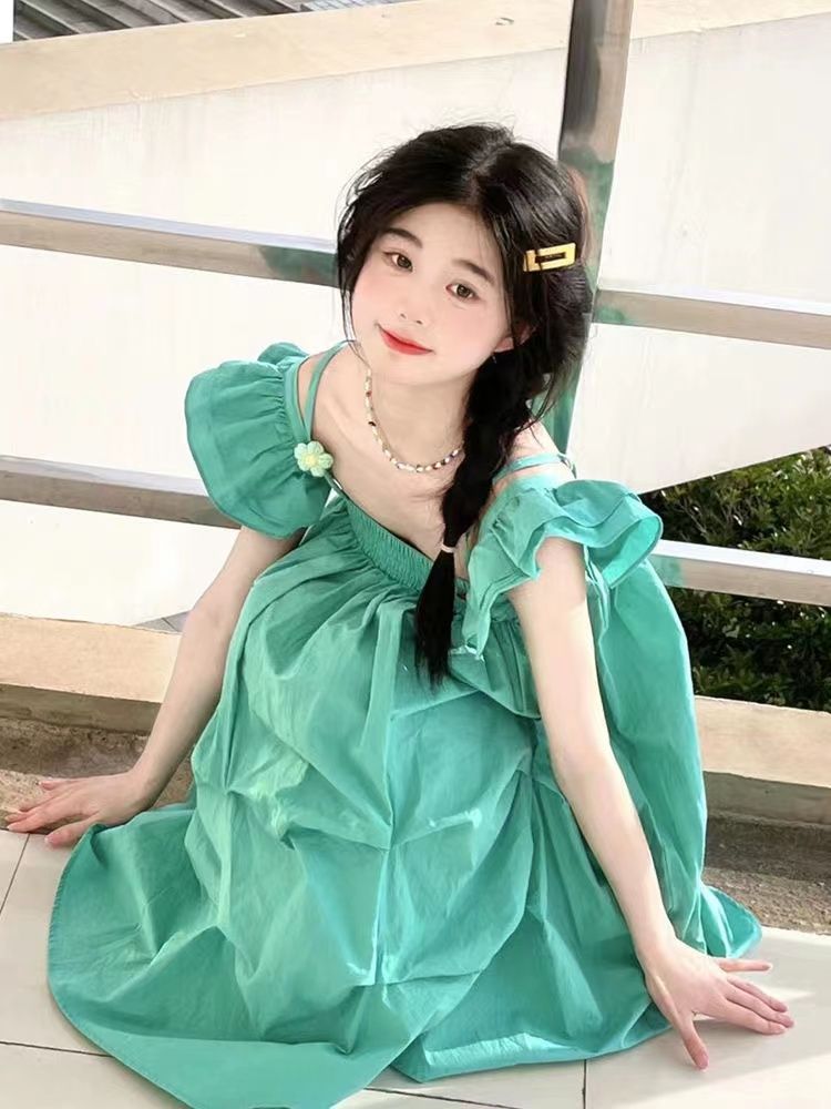 可愛小個子復古藍綠色小飛袖連衣裙女學生夏日上新遮肉顯瘦度假裙
