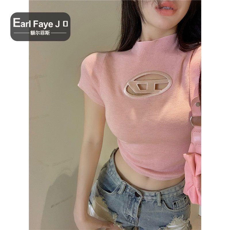 Ice silk knit front shoulder short-sleeved t-shirt female summer pure desire hot girl sexy hollow short top design sense niche