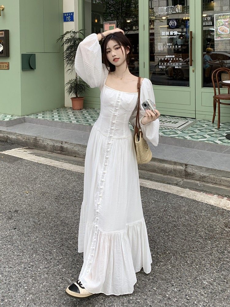 【品牌LALADUDU】胖mm法式泡泡袖溫柔風連衣裙女夏季遮肚顯瘦長裙