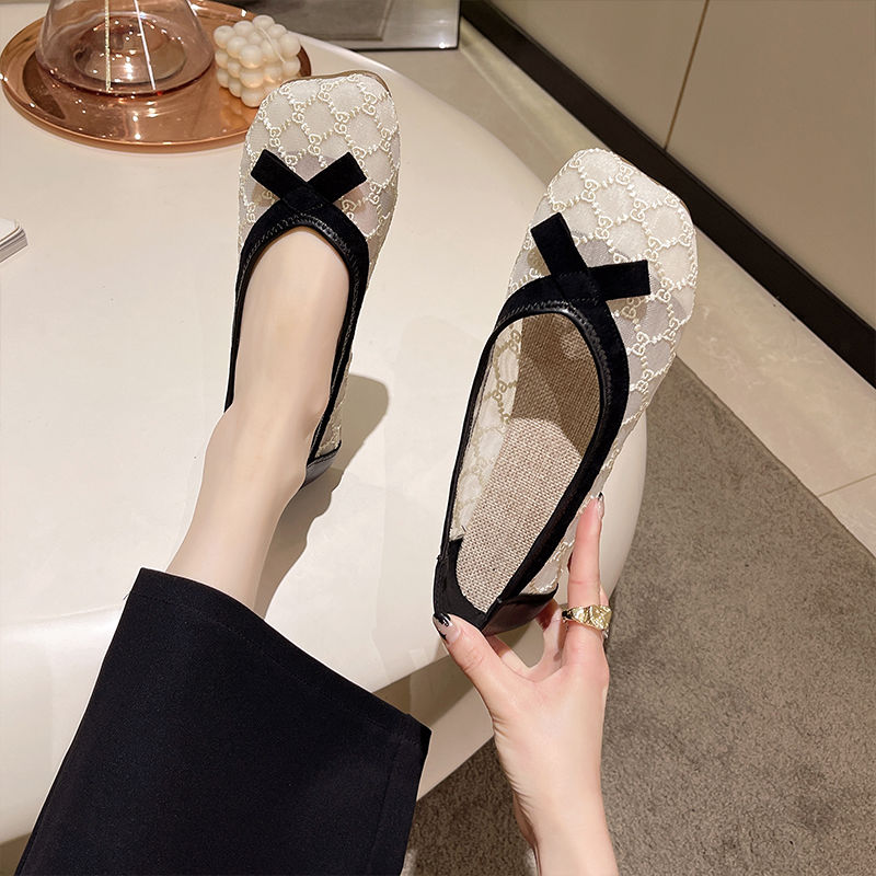 網紗豆豆鞋女2023年新款春夏平底瑪麗珍鞋一腳蹬懶人單鞋孕婦瓢鞋