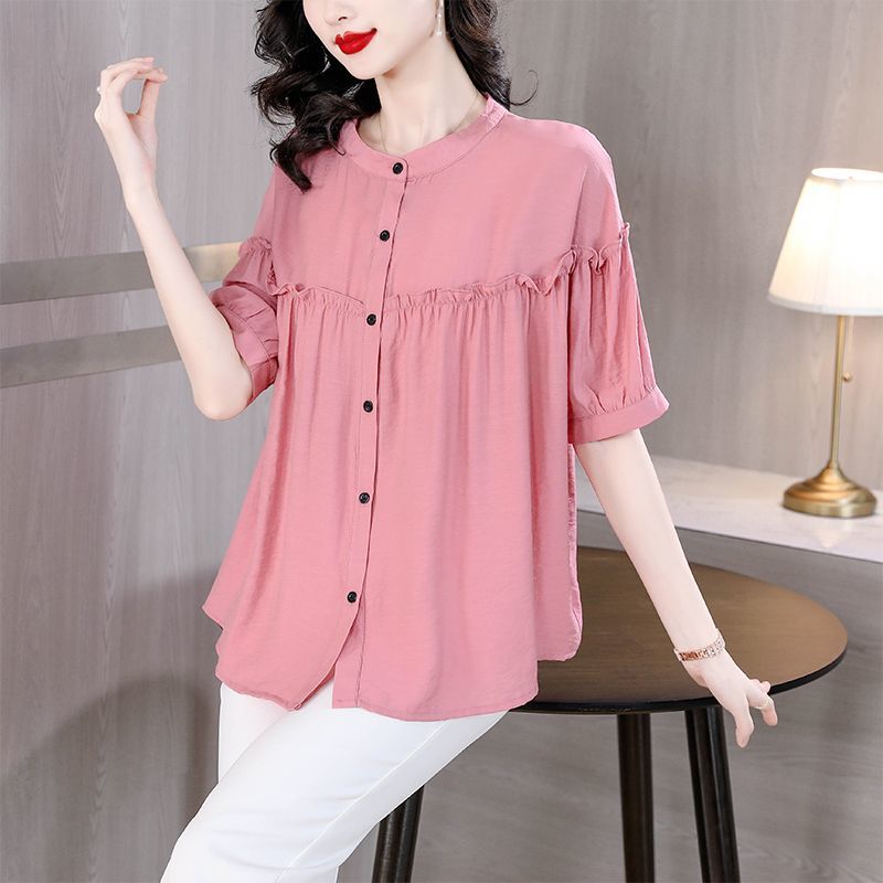 2023媽媽夏裝棉麻短袖小衫洋氣上衣服襯衫中老年女裝韓版T恤小衫