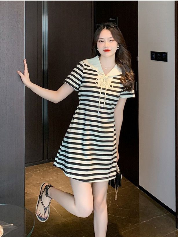 Slightly fat mm splicing design sense ins navy collar striped short-sleeved dress women's summer large size mid-length a-line skirt