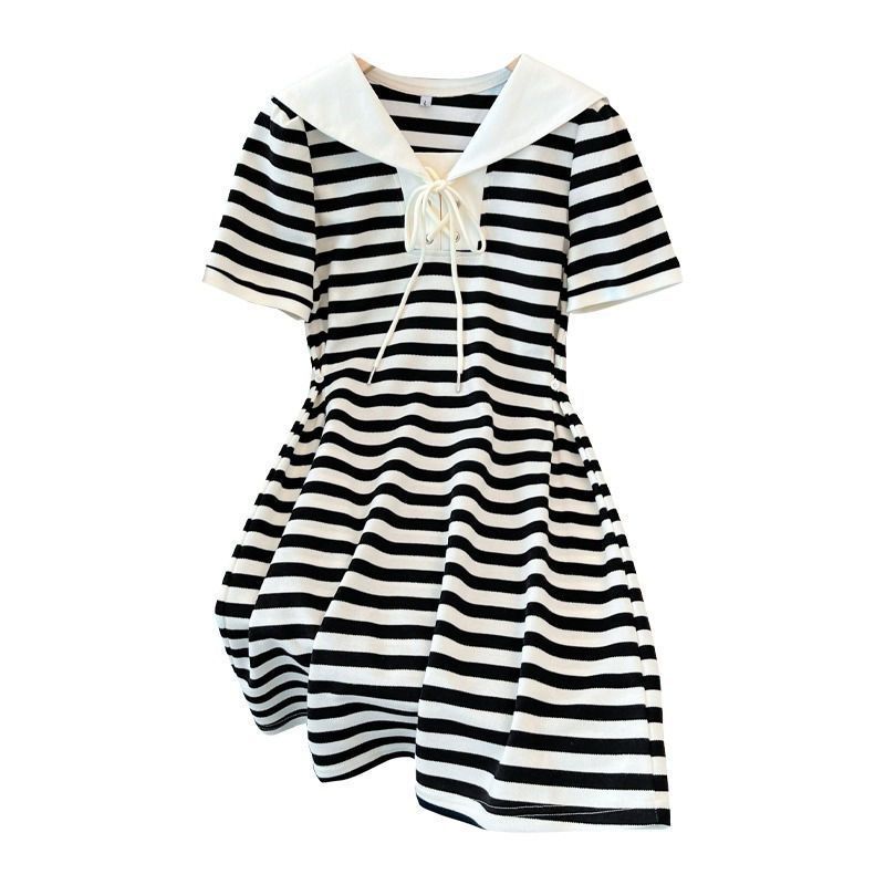 Slightly fat mm summer new large size women's clothing to cover the belly and look thin navy collar stripes cover the meat and reduce the age short-sleeved dress