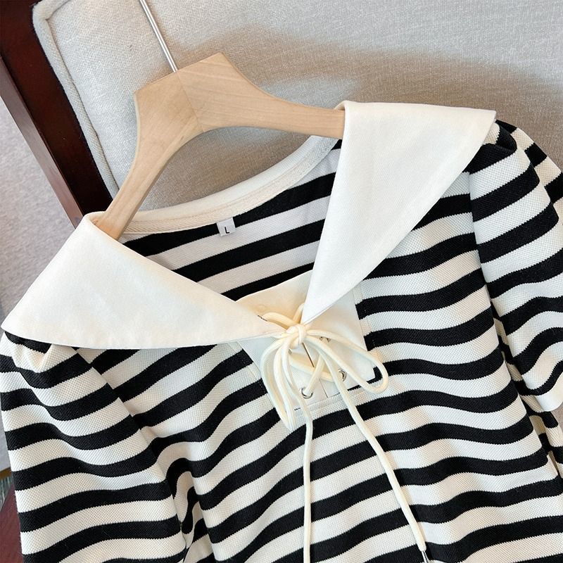 Slightly fat mm summer new large size women's clothing to cover the belly and look thin navy collar stripes cover the meat and reduce the age short-sleeved dress