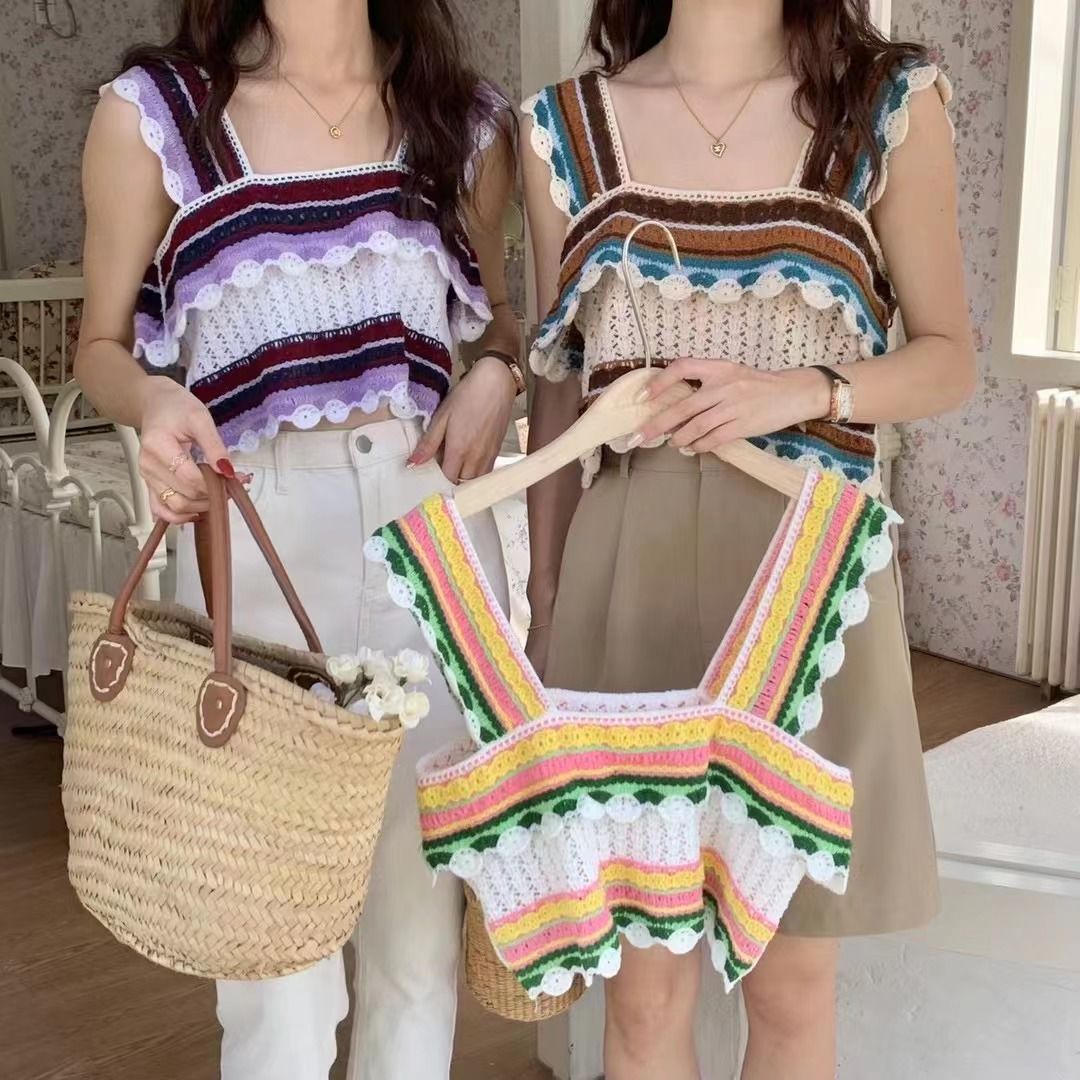 2023 new color woven lace ethnic style short section slimming and thin knitted sleeveless camisole