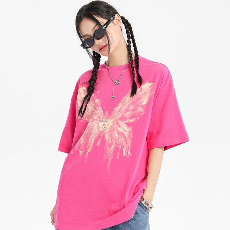 美式復古潮牌蝴蝶印花火龍果色短袖t恤女重磅純棉玫紅色上衣ins潮