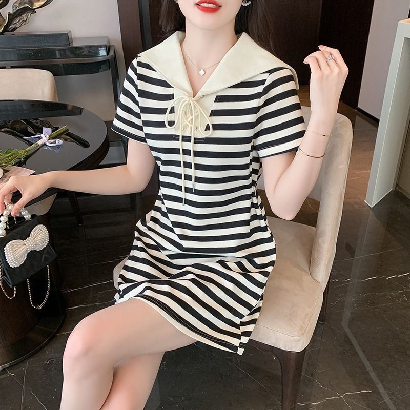 Slightly fat mm splicing design sense ins navy collar striped short-sleeved dress women's summer large size mid-length a-line skirt