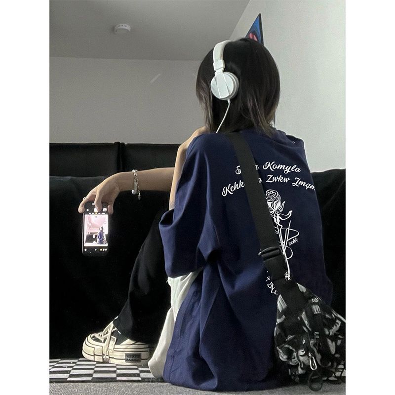 100%純棉280克重磅短袖t恤女裝寬鬆小眾設計感體恤玫瑰花夏上衣潮