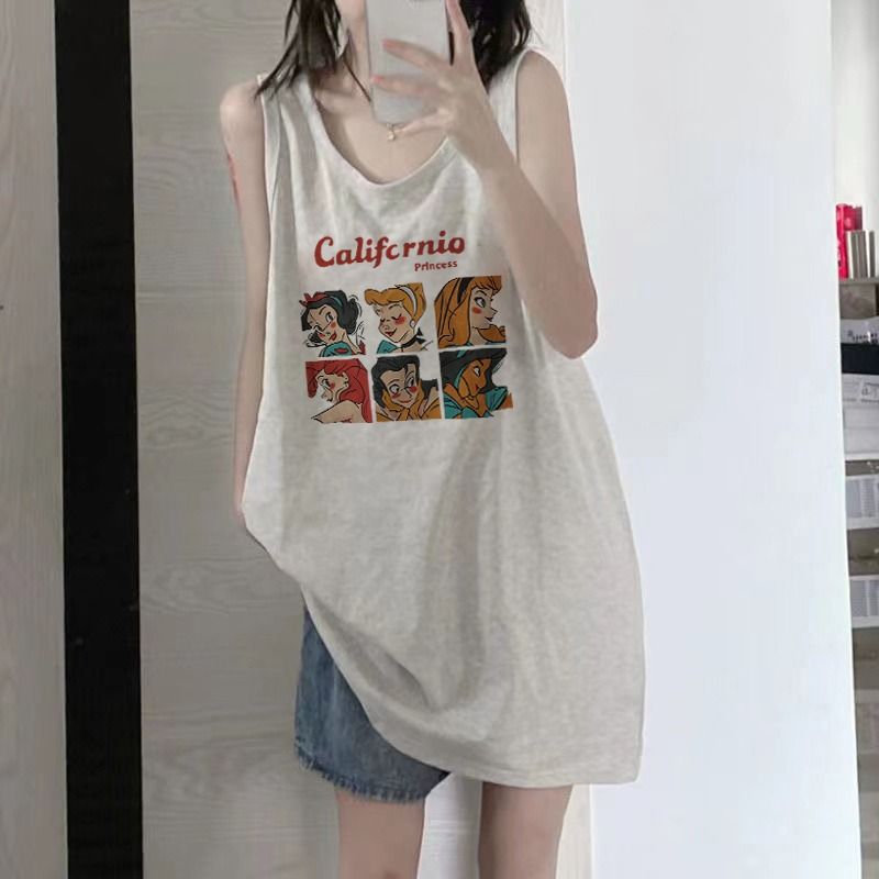 【純棉小背心】復古卡通t恤女夏寬鬆中長款打底無袖背心上衣服潮
