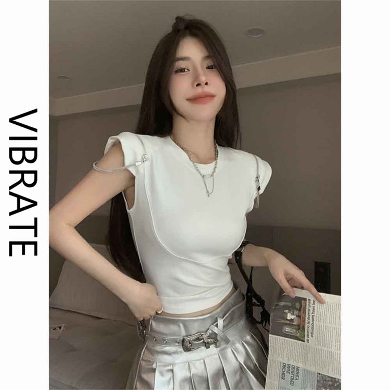 VIBRATE pure desire sweet hot girl sexy short top female summer niche unique chic zipper shoulder pad short-sleeved T-shirt