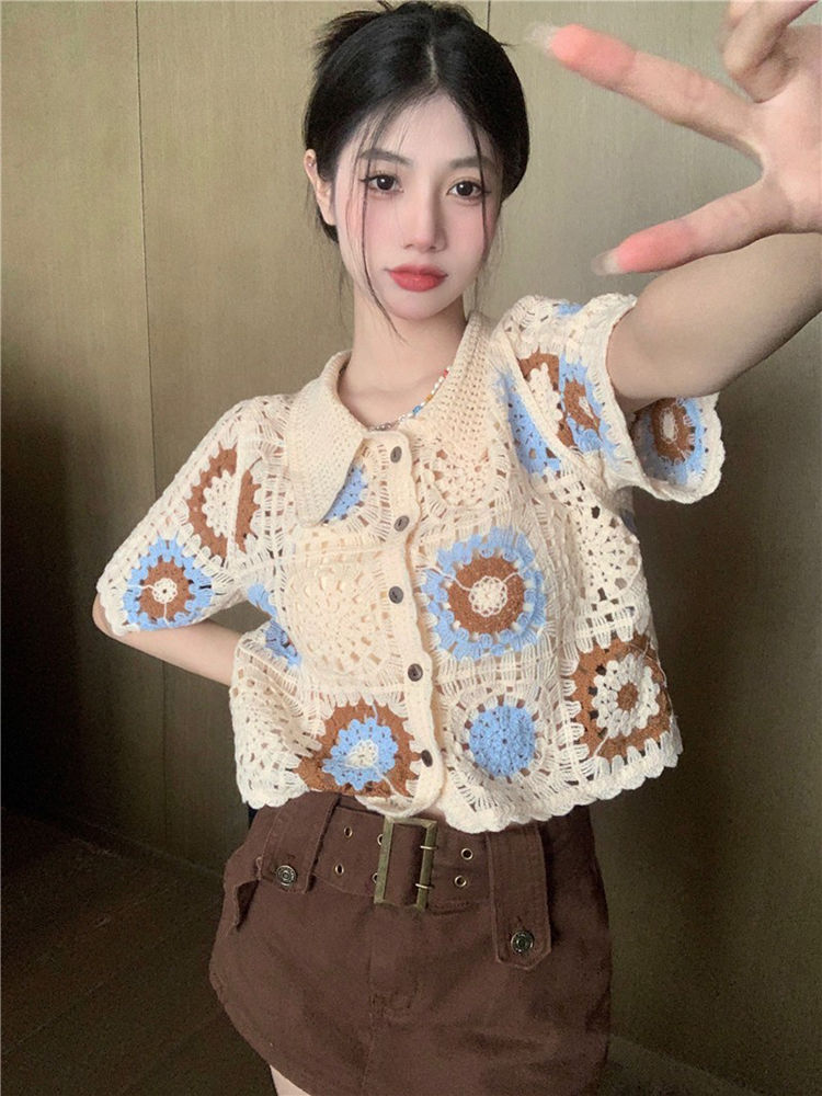 Summer women's short-sleeved cardigan knitted jacket gentle wind design sense niche thin section bottoming top T-shirt outside