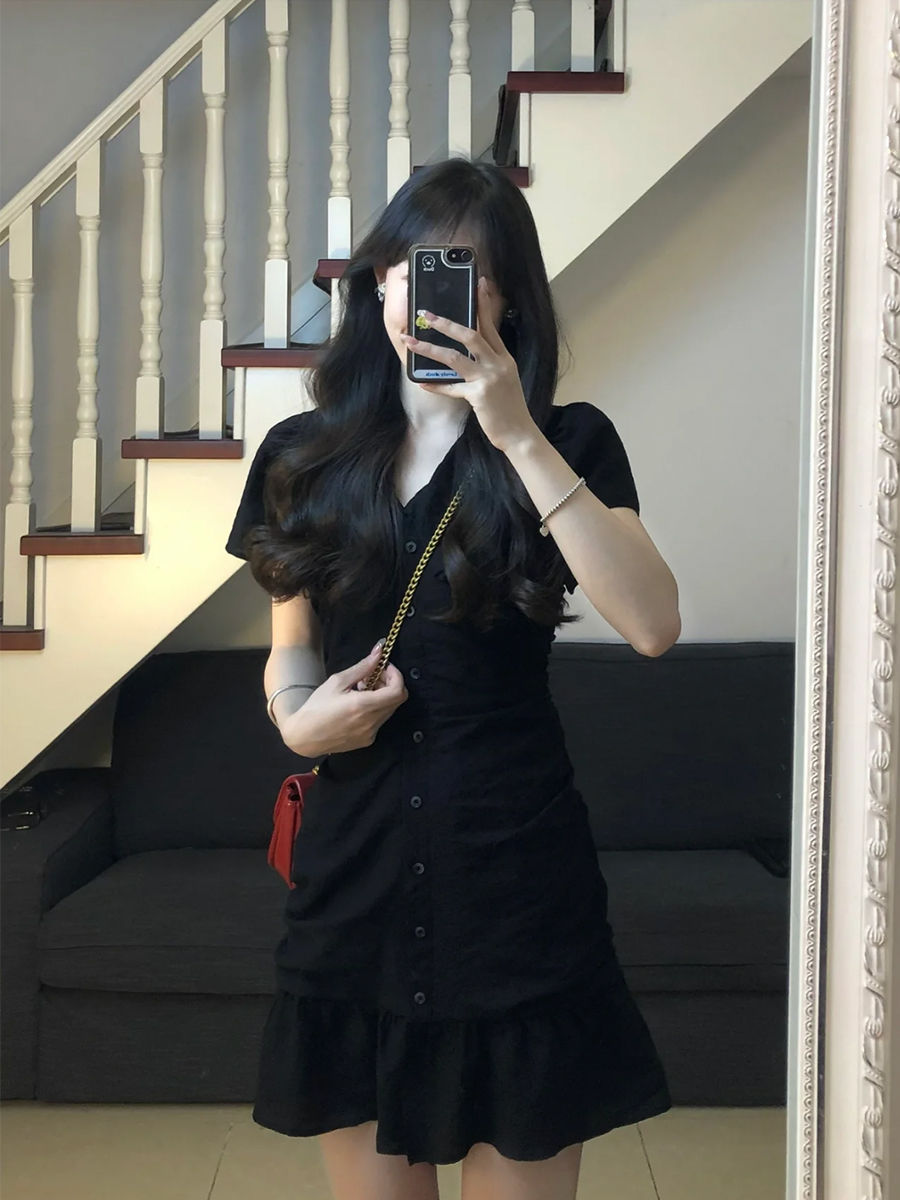 大碼女裝褶皺辣妹連衣裙女夏娃娃領收腰顯瘦遮肉短裙初戀森系裙子